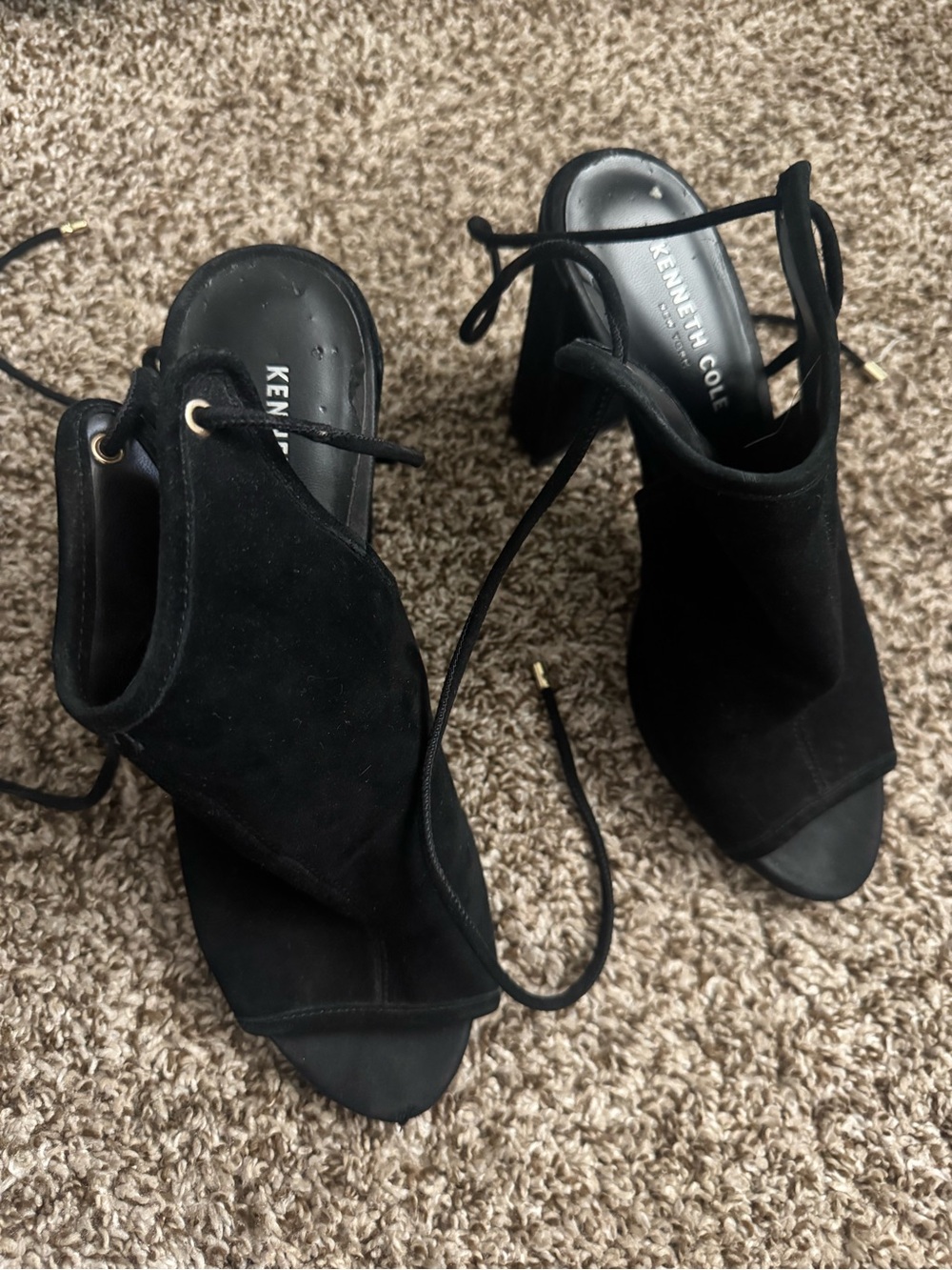 Kenneth Cole Black Suede Lace-Up Peep Toe Block Heels